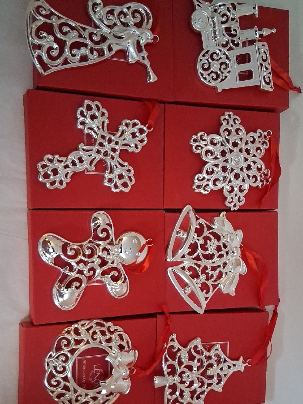 LENOX Lot Of 8 Silver BEAUTIFUL Ornaments, Cross. Snowflake, Train, Angel ++